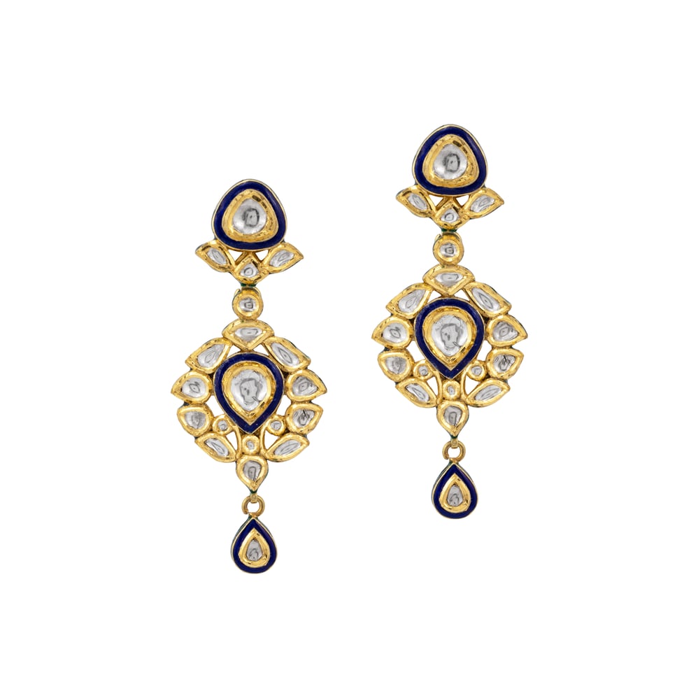 Polki Drop Earrings with Blue Enamel and Teardrop Motifs